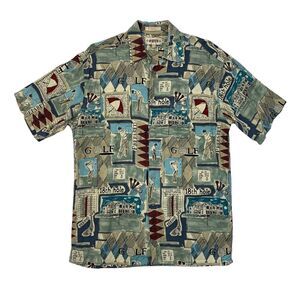 Vintage Campia Moda Shirt Mens M Medium Golf Themed Hawaiian Spread Collar Rayon